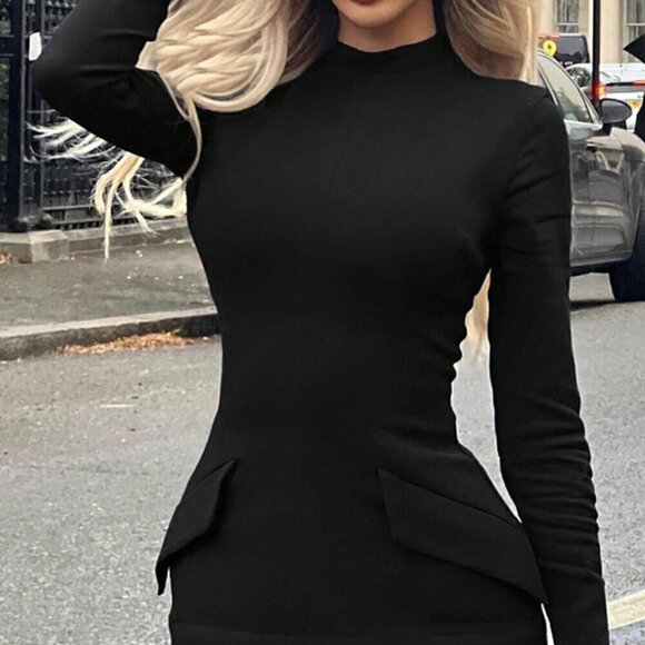 Black Casual Women's Plus Size Stand Collar Elegant Long Sleeve Bodycon Dress - Picture 2 of 7
